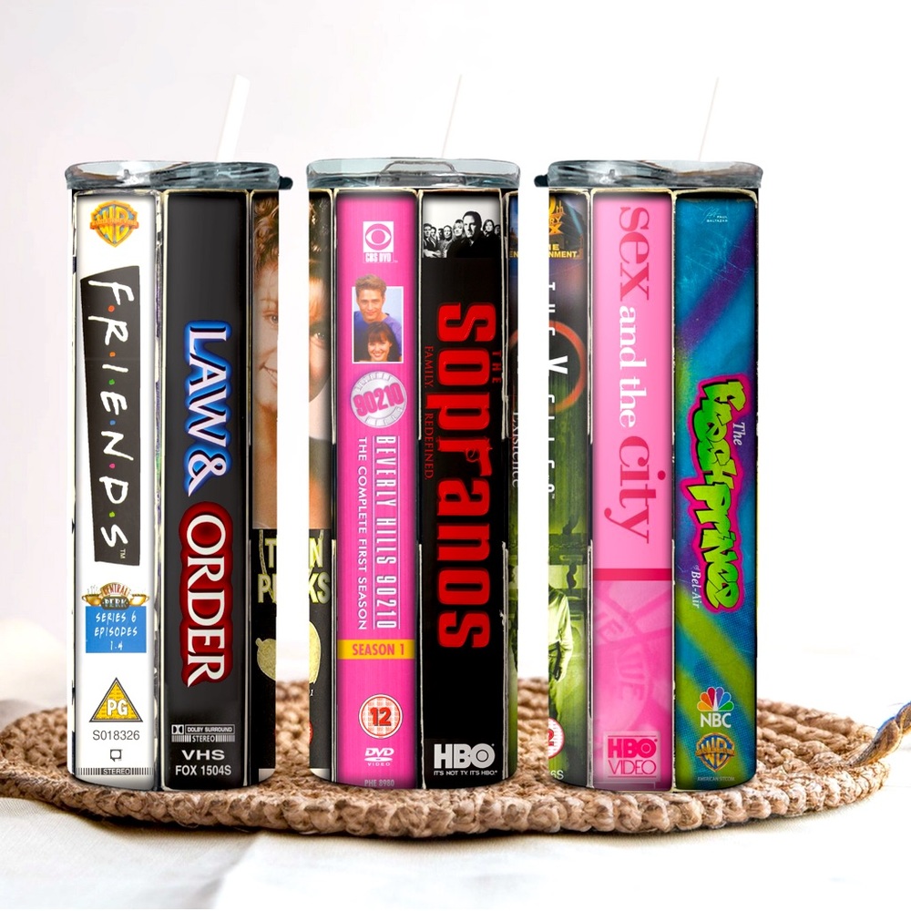 90’s tv show inspired vhs tumbler with lid and straw.